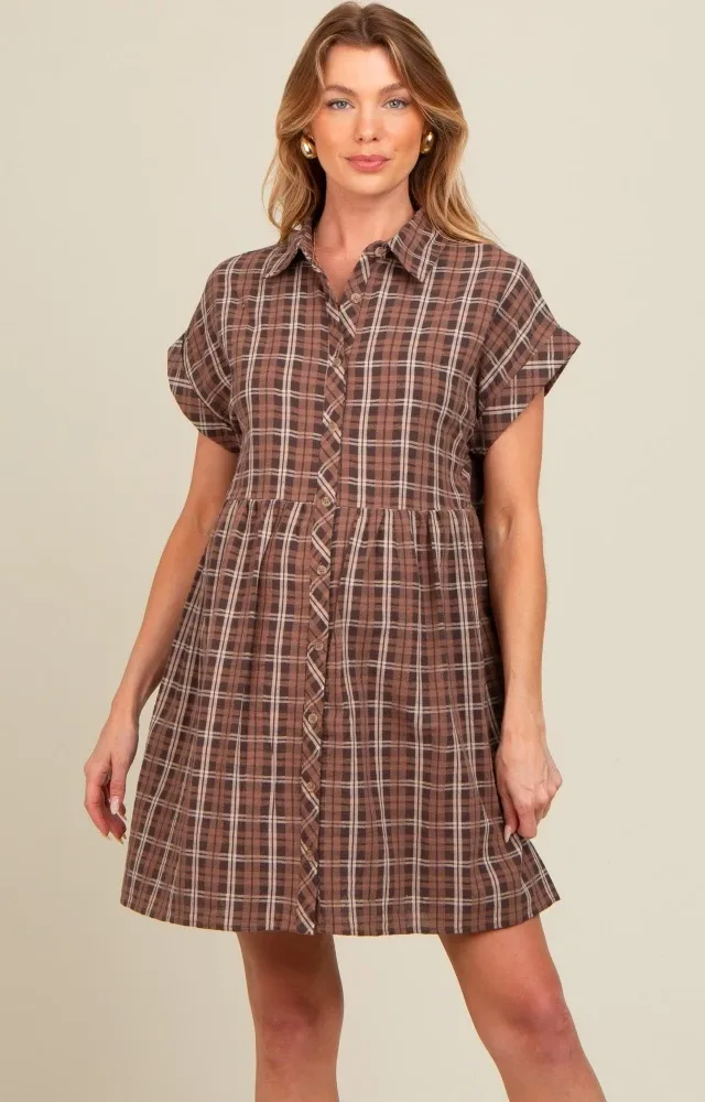 Mocha Plaid Rolled Cuff Sleeve Button Down Maternity Dress