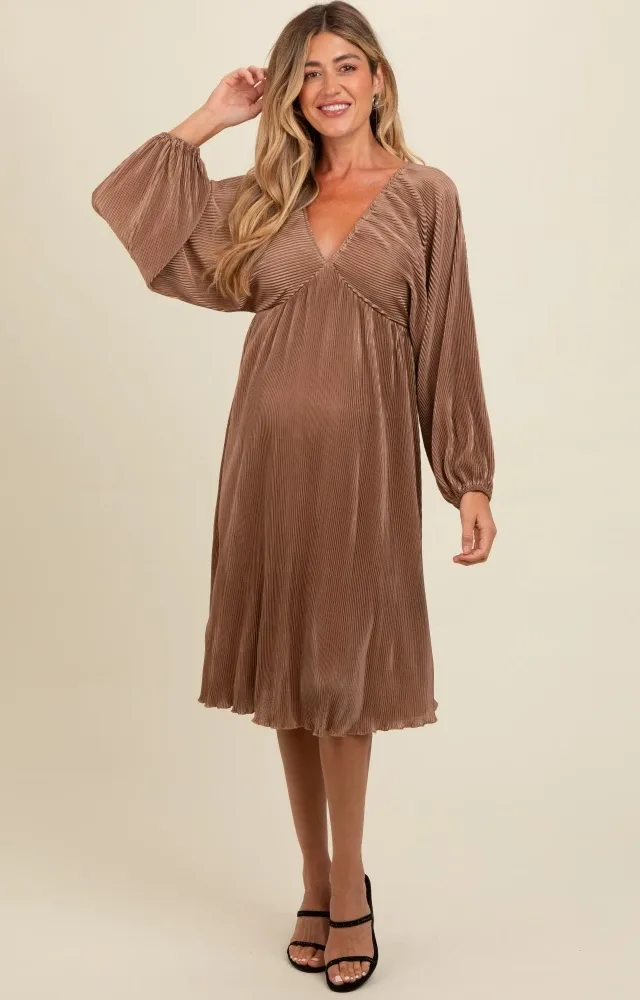 Mocha Pleated Deep V-Neck Maternity Midi Dress