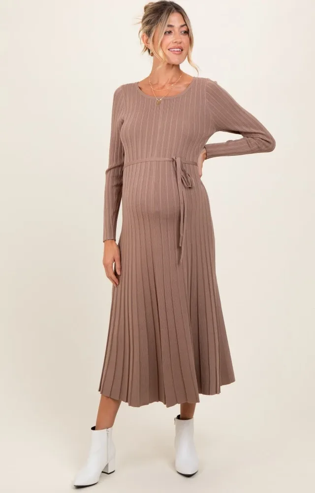 Mocha Pleated Waist Tie Maternity Midi Sweater Dress