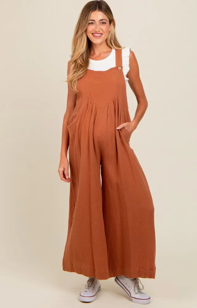 Mocha Pocket Front Maternity Wide Leg Jumpsuit