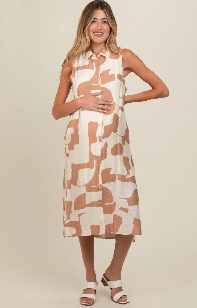 Mocha Printed Button Down Collared Maternity Midi Dress