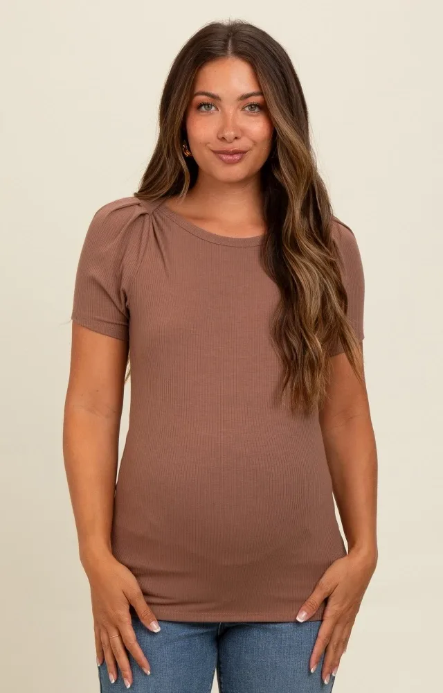 Mocha Puff Sleeve Maternity Top