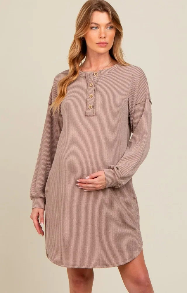 Mocha Ribbed Button Accent Maternity Dress