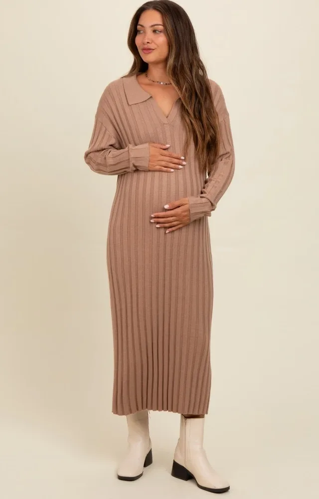 Mocha Ribbed Collared Maternity Midi Sweater Dress