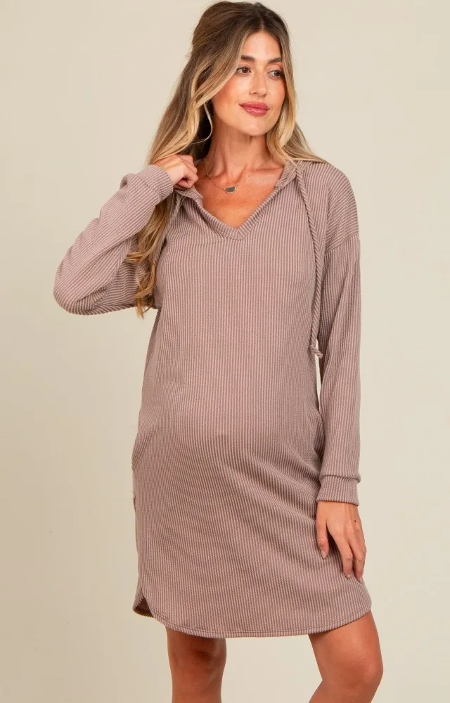 Mocha Ribbed Hoodie Maternity Dress