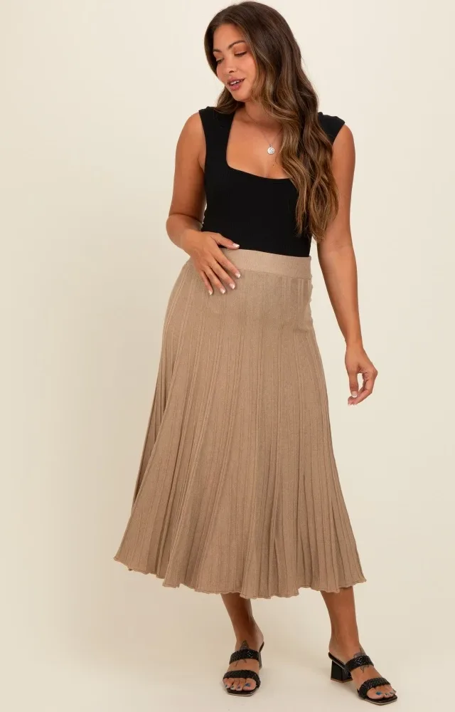 Mocha Ribbed Knit A-Line Midi Maternity Skirt