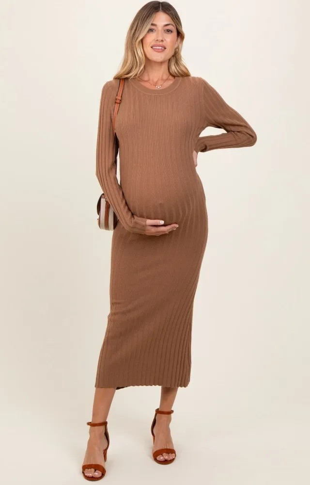 Mocha Ribbed Knit Fitted Maternity Midi Sweater Dress