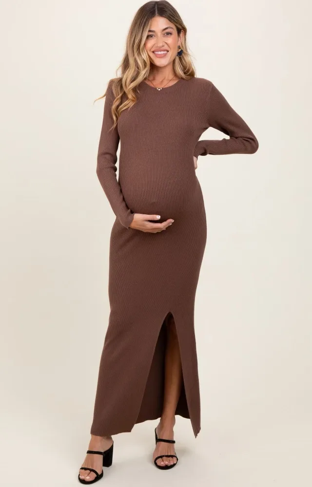 Mocha Ribbed Knit Long Sleeve Side Slit Maternity Maxi Dress