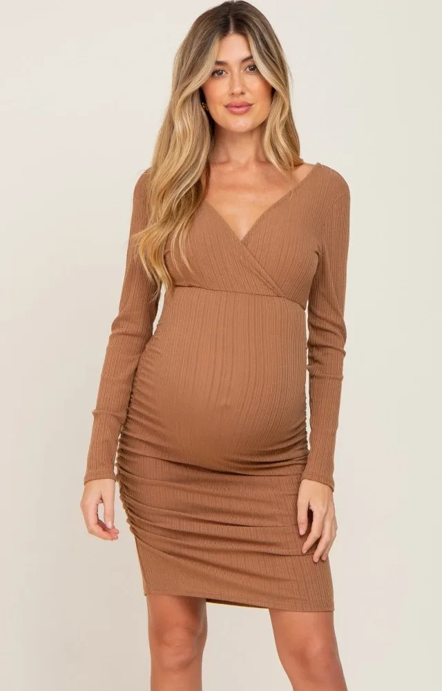 Mocha Ribbed Knit Ruched Wrap Maternity Dress