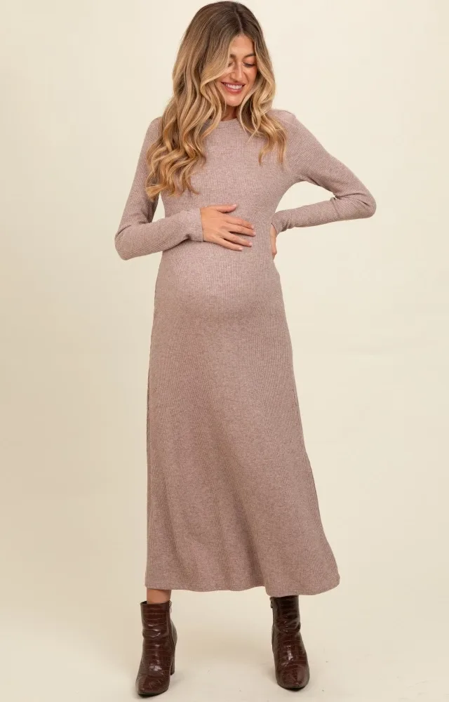 Mocha Ribbed Knit Side Slit Maternity Midi Dress