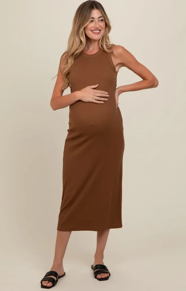 Mocha Ribbed Knit Sleeveless Maternity Dress