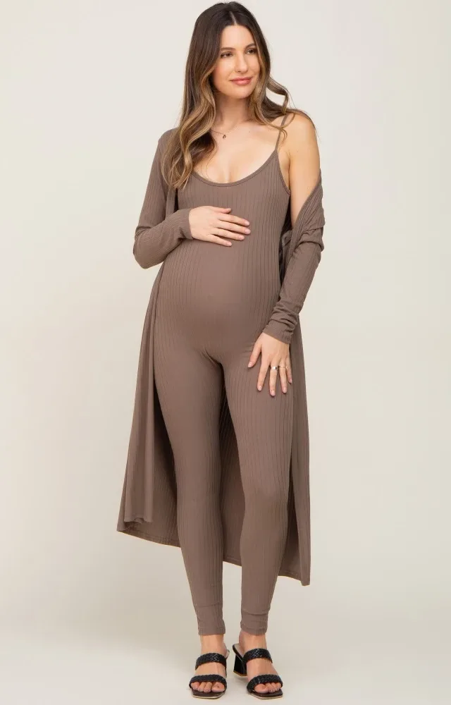 Mocha Ribbed Maternity Jumpsuit Two Piece Set