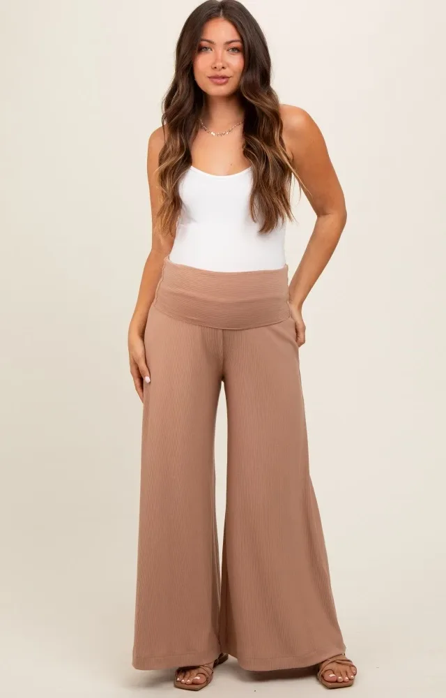 Mocha Ribbed Maternity Wide Leg Pants