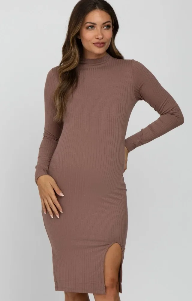 Mocha Ribbed Mock Neck Front Slit Maternity Dress