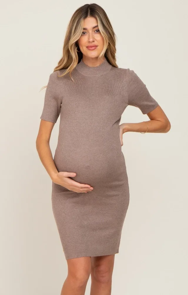 Mocha Ribbed Mock Neck Maternity Dress