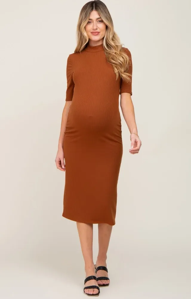 Mocha Ribbed Mock Neck Maternity Midi Dress