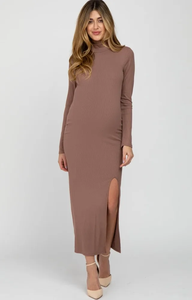 Mocha Ribbed Mock Neck Side Slit Maternity Dress