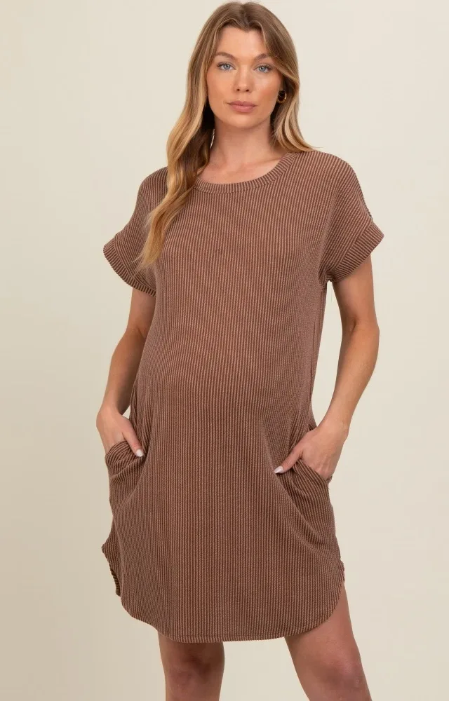 Mocha Ribbed Round Hem Maternity Dress