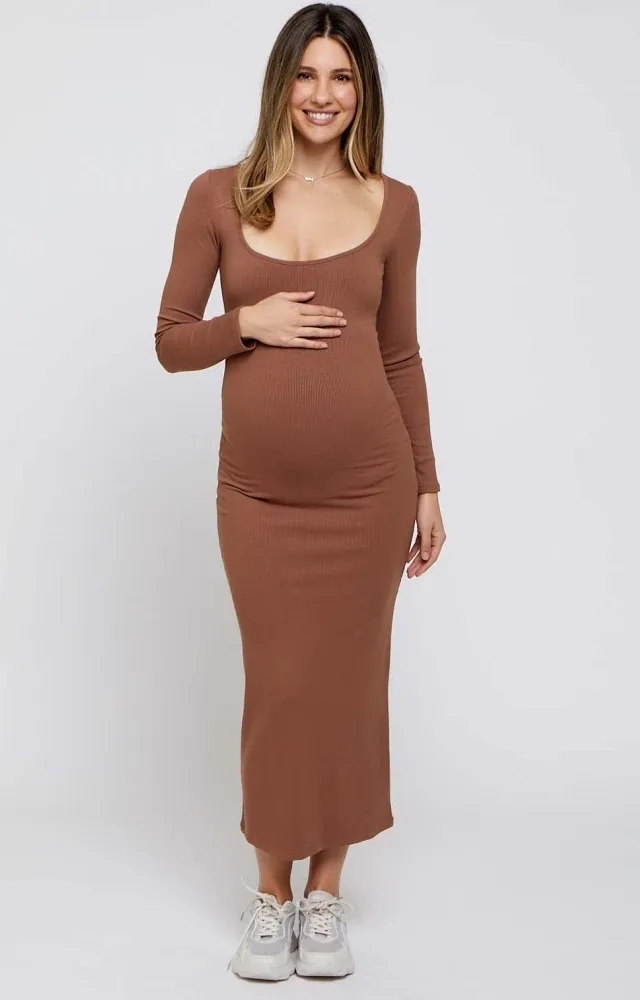 Mocha Ribbed Scoop Neck Maternity Midi Dress