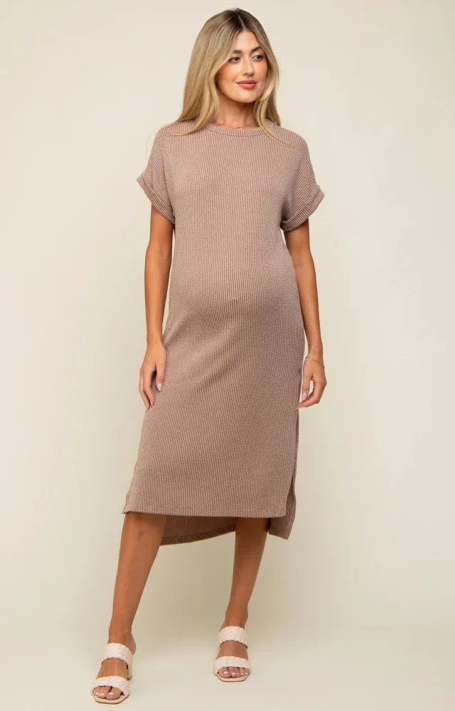 Mocha Ribbed Short Sleeve Maternity Midi Dress