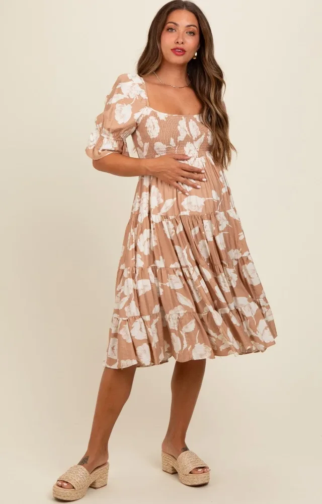 Mocha Rose Print Tiered Smocked Maternity Midi Dress