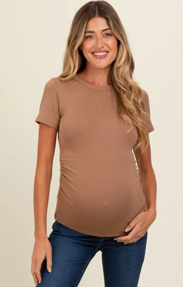 Mocha Ruched Micro-Rib Maternity Top