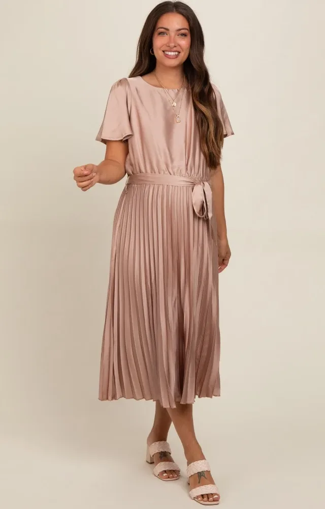 Mocha Satin Pleated Sash Tie Maternity Midi Dress