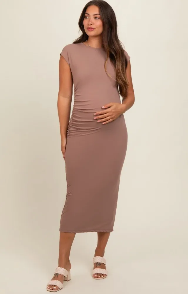 Mocha Side Ruched Maternity Midi Dress