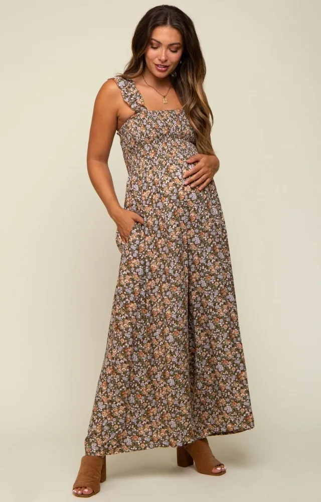 Mocha Sleeveless Floral Smocked Ruffle Maternity Jumpsuit