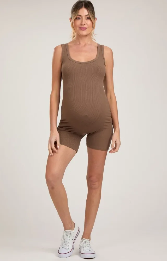 Mocha Sleeveless Ribbed Biker Short Maternity Romper