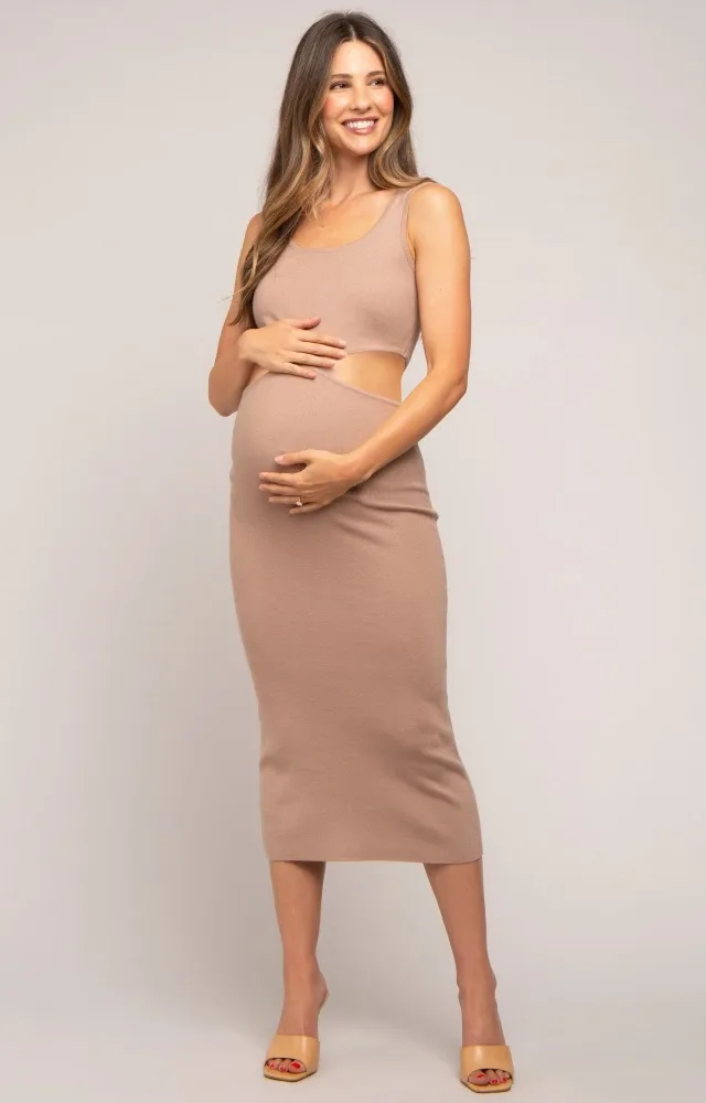 Mocha Sleeveless Side Cutout Maternity Midi Dress