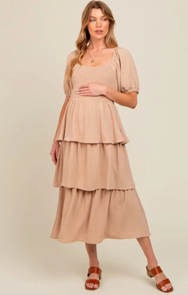 Mocha Smocked Body Ruffled Tiered Maternity Midi Dress