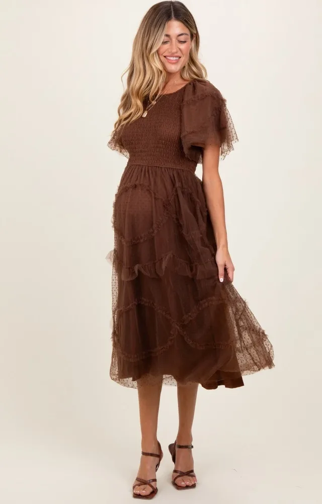 Mocha Smocked Ruffled Mesh Maternity Midi Dress