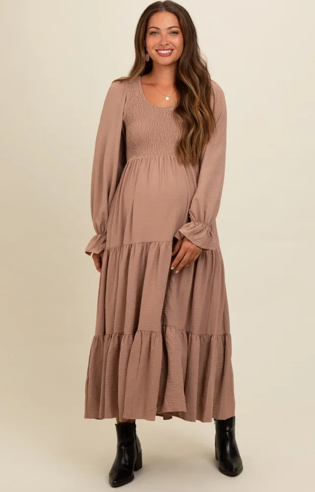 Mocha Smocked Tiered Long Sleeve Maternity Maxi Dress