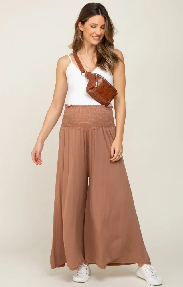 Mocha Smocked Wide Leg Maternity Pants