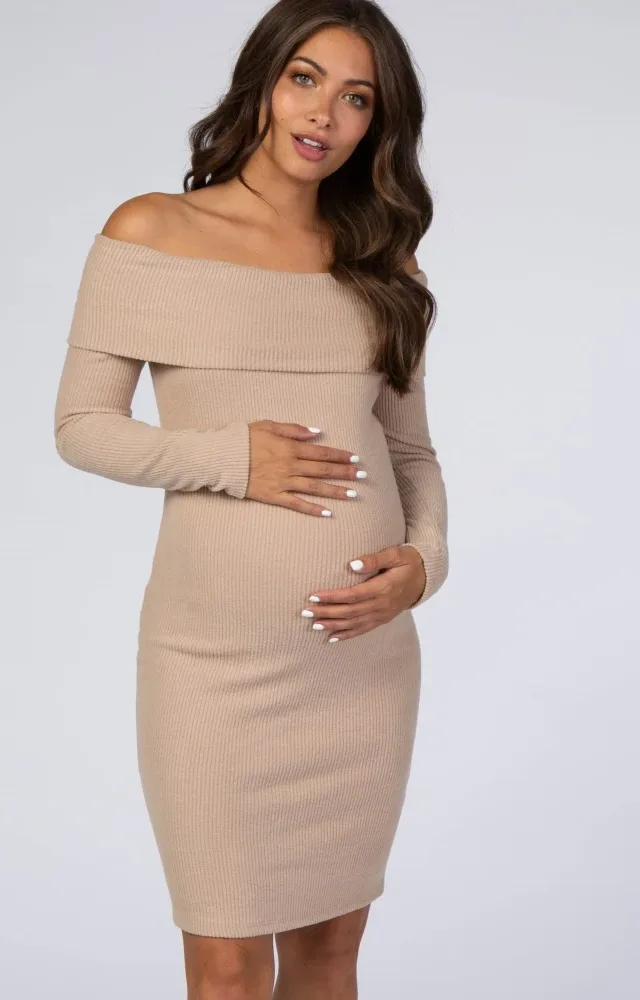 Mocha Soft Ribbed Off Shoulder Maternity Dress