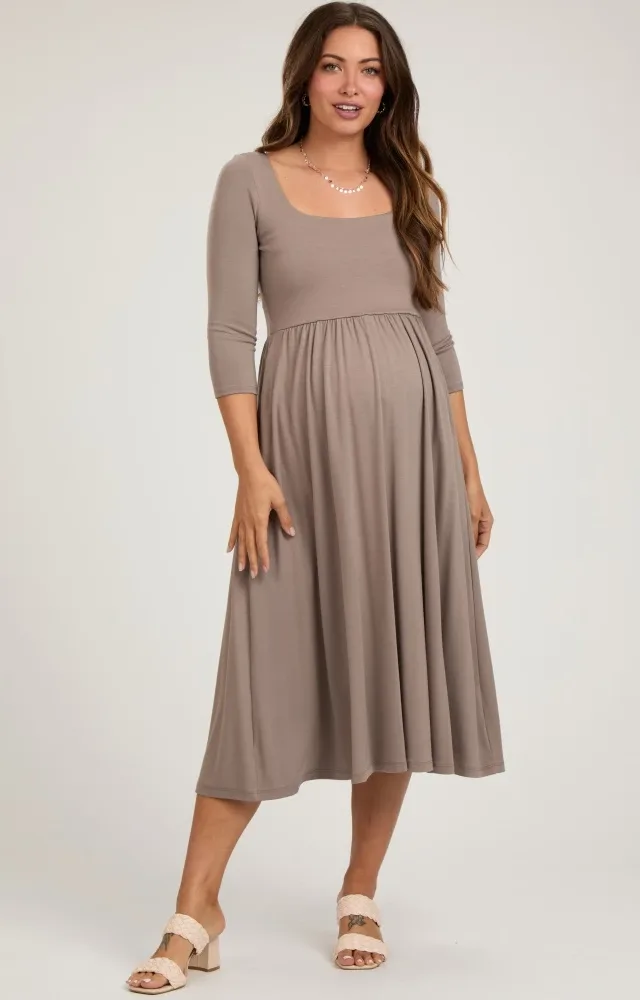 Mocha Square Neck 3/4 Sleeve Maternity Midi Dress