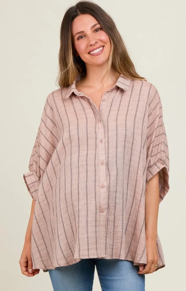 Mocha Striped Collared Oversized Maternity Top