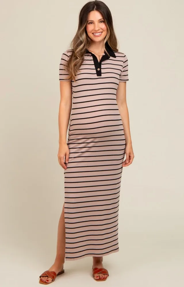 Mocha Striped Collared Side Slit Maternity Maxi Dress