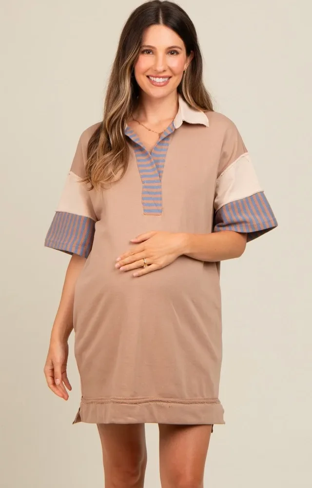 Mocha Striped Color Block Collared Terry Maternity Dress