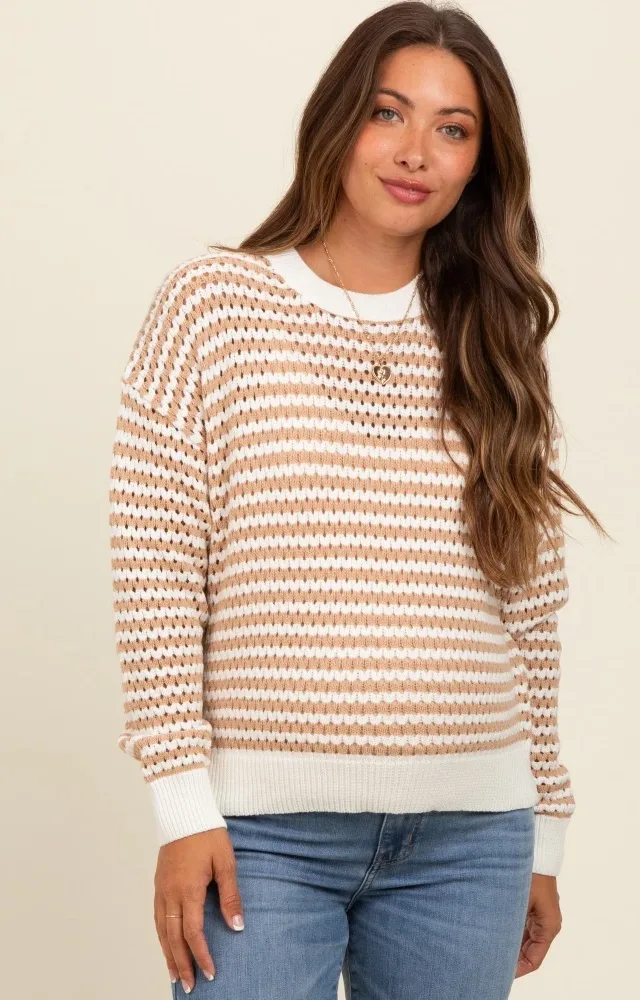 Mocha Striped Crochet Knit Maternity Sweater