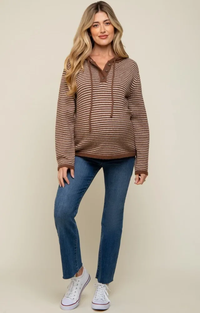 Mocha Striped Drawstring Hooded Maternity Sweater