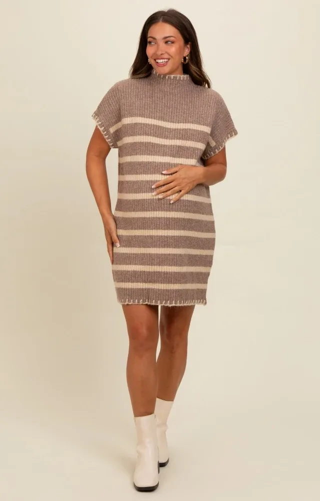 Mocha Striped Knit Contrast Stitch Maternity Mini Dress