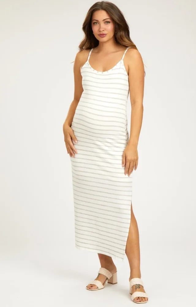 Mocha Striped Knit Side Slit Sleeveless Maternity Midi Dress