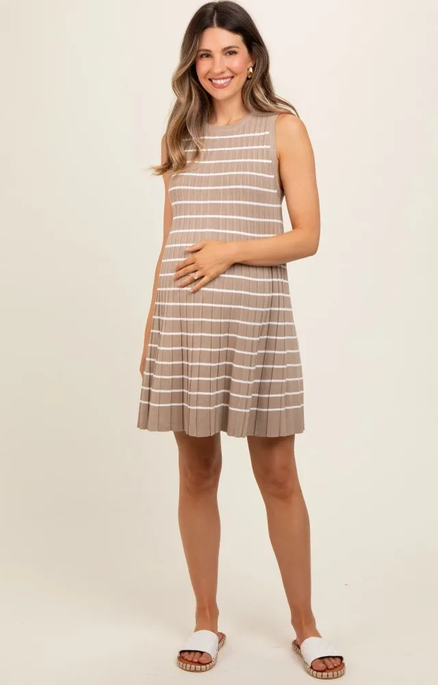 Mocha Striped Pleated Maternity Dress