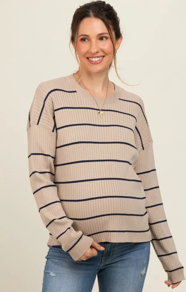 Mocha Striped Ribbed Knit Long Sleeve Maternity Top