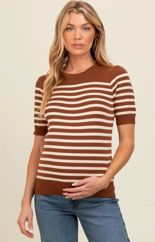 Mocha Striped Short Sleeve Knit Maternity Top