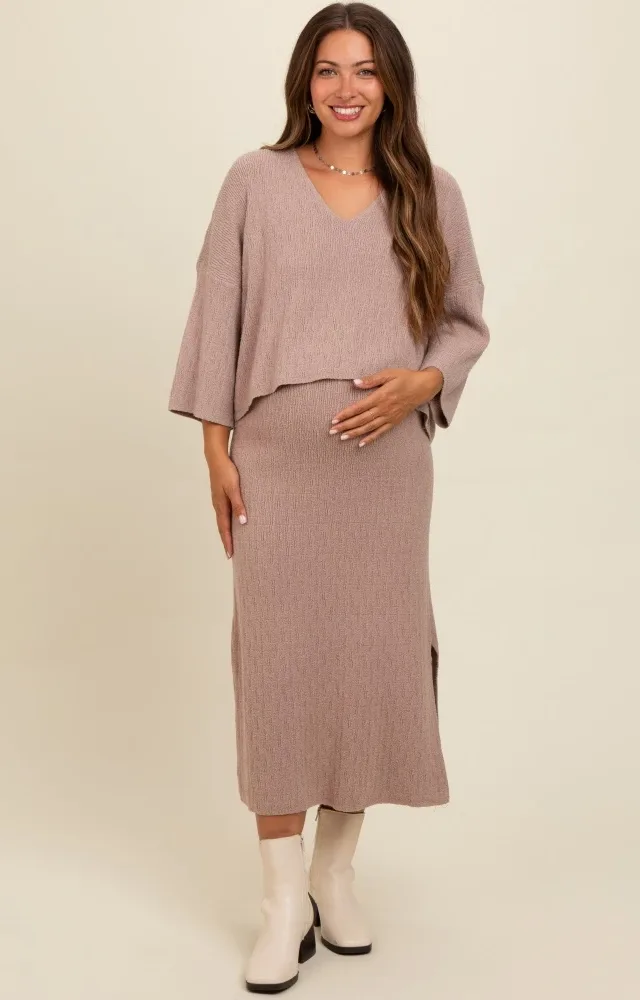 Mocha Textured Knit Top And Midi Skirt Maternity Set