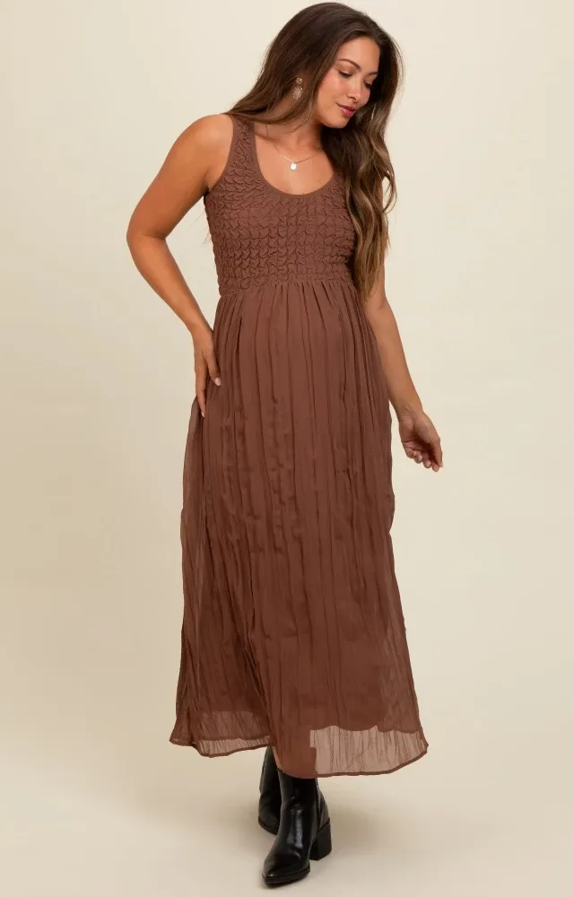 Mocha Textured Smocked Bodice Sleeveless Maternity Maxi Dress