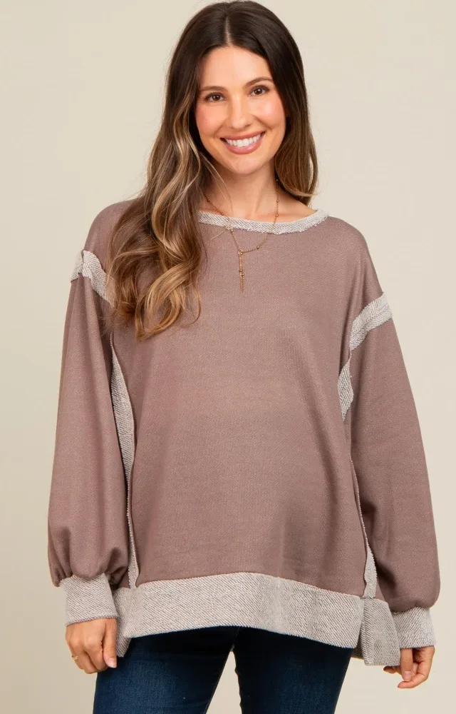 Mocha Two Tone Maternity Oversized Long Sleeve Top